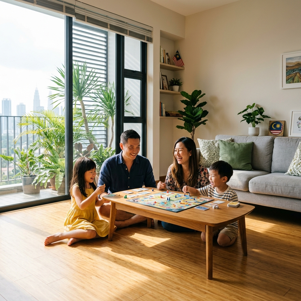 Asian family playing in modern living room with bamboo flooring