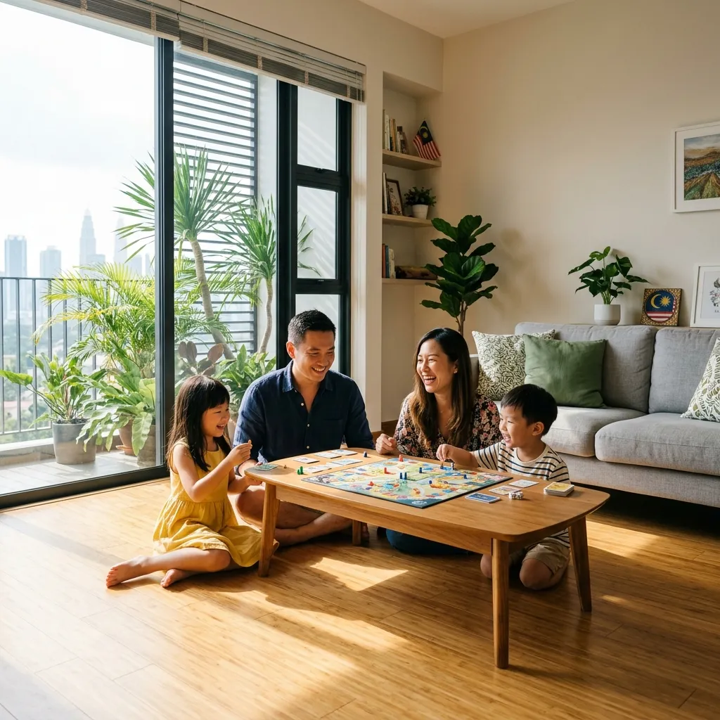 Asian family playing in modern living room with bamboo flooring