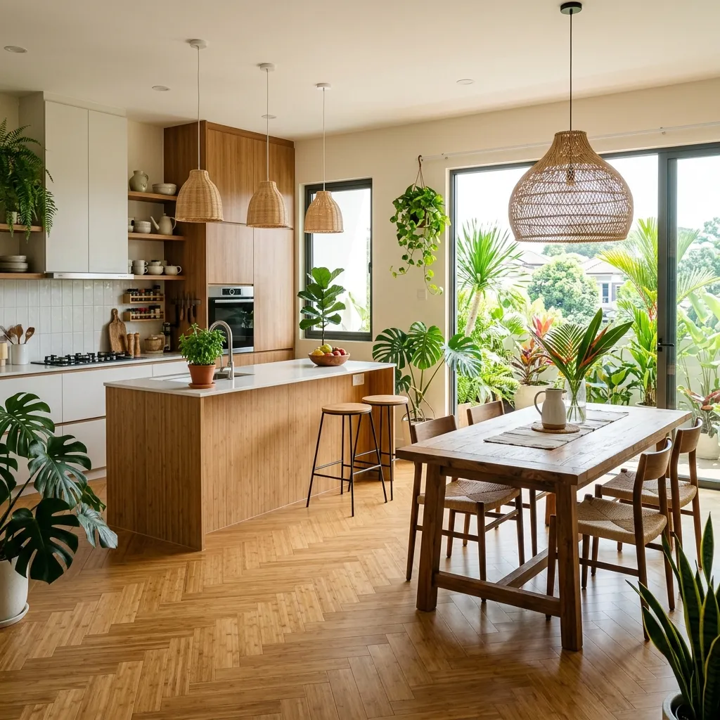 Bamboo flooring laid in herringbone pattern in kitchen