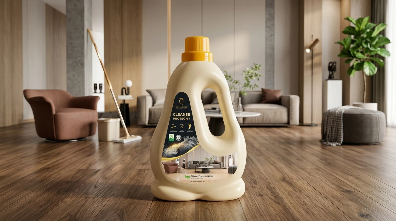 Clean floor cleaner bottle on pristine SPC plank flooring in modern sunlit living room