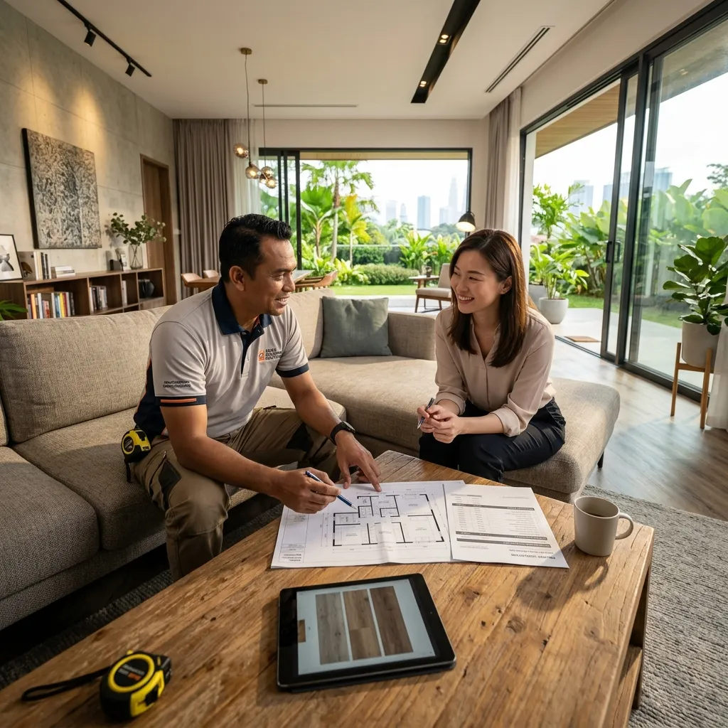 A professional flooring contractor discussing plans and installation costs with a homeowner in a modern Malaysian living room