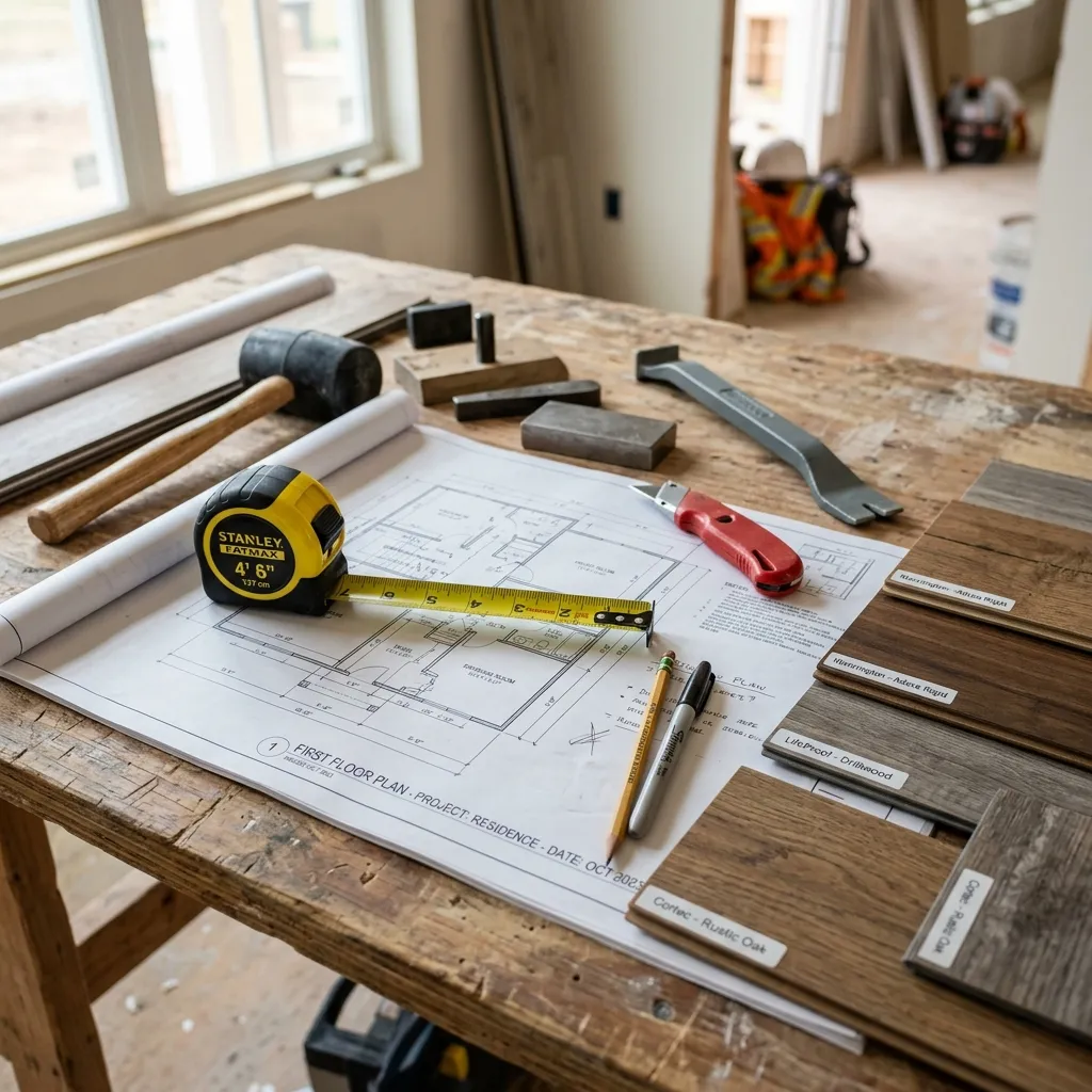 Close up of flooring installation tools, a tape measure, a floor plan blueprint, and various flooring material samples on a work table
