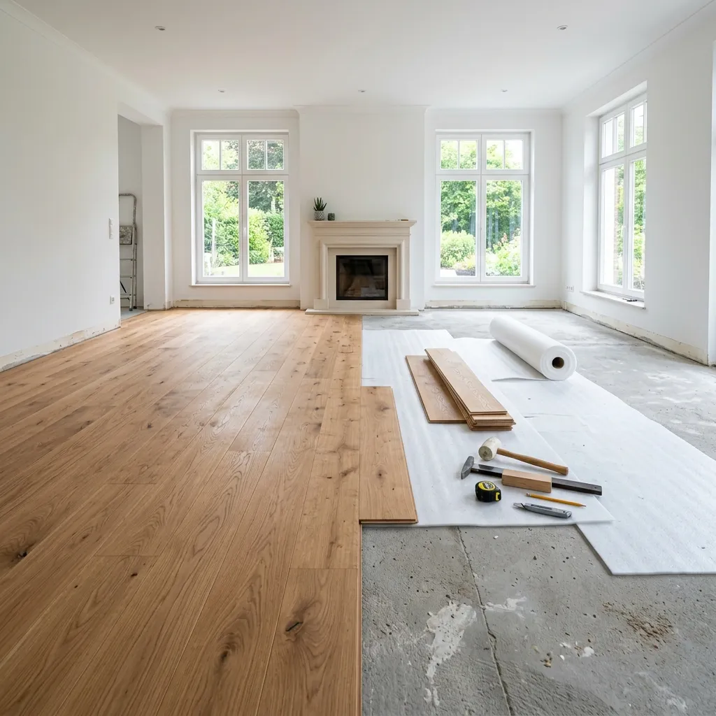 A bright, empty living room being renovated, half with new wooden flooring installed and half showing the concrete subfloor