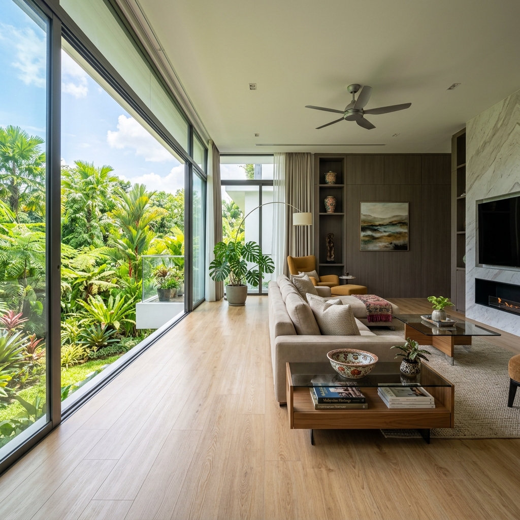 Modern living room with stylish LVT flooring and a large window looking out to a green garden