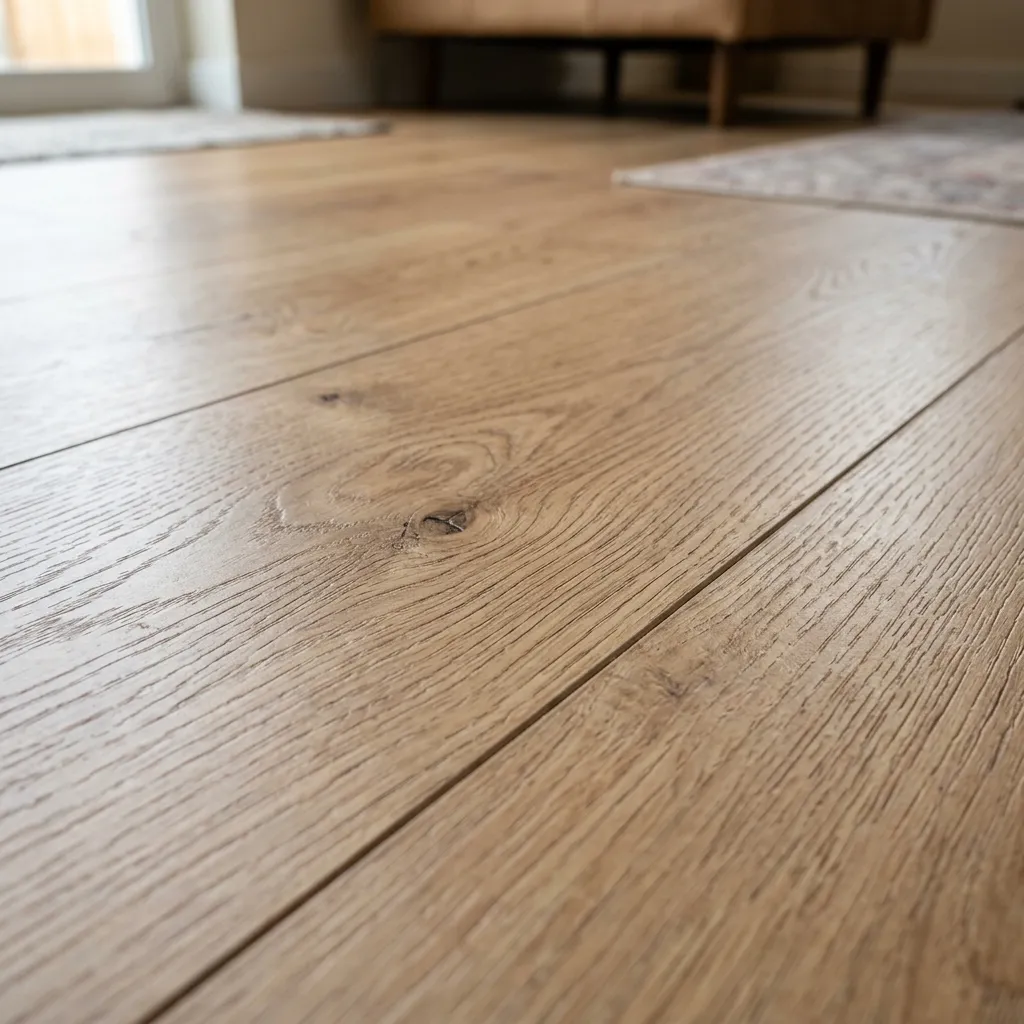Close-up detail of high-quality LVT flooring showing realistic wood grain and texture.