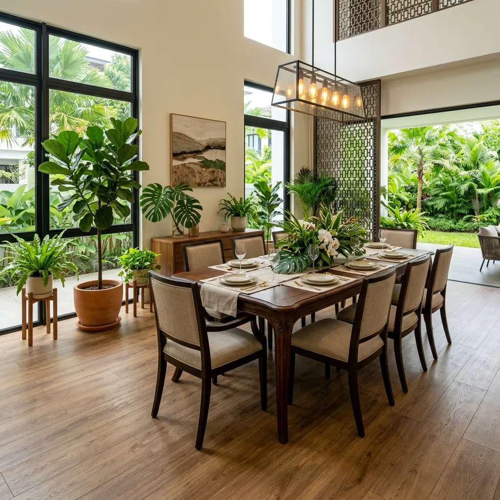 Spacious living room featuring modern, wide-plank LVT flooring in a natural wood finish, bathed in tropical sunlight.