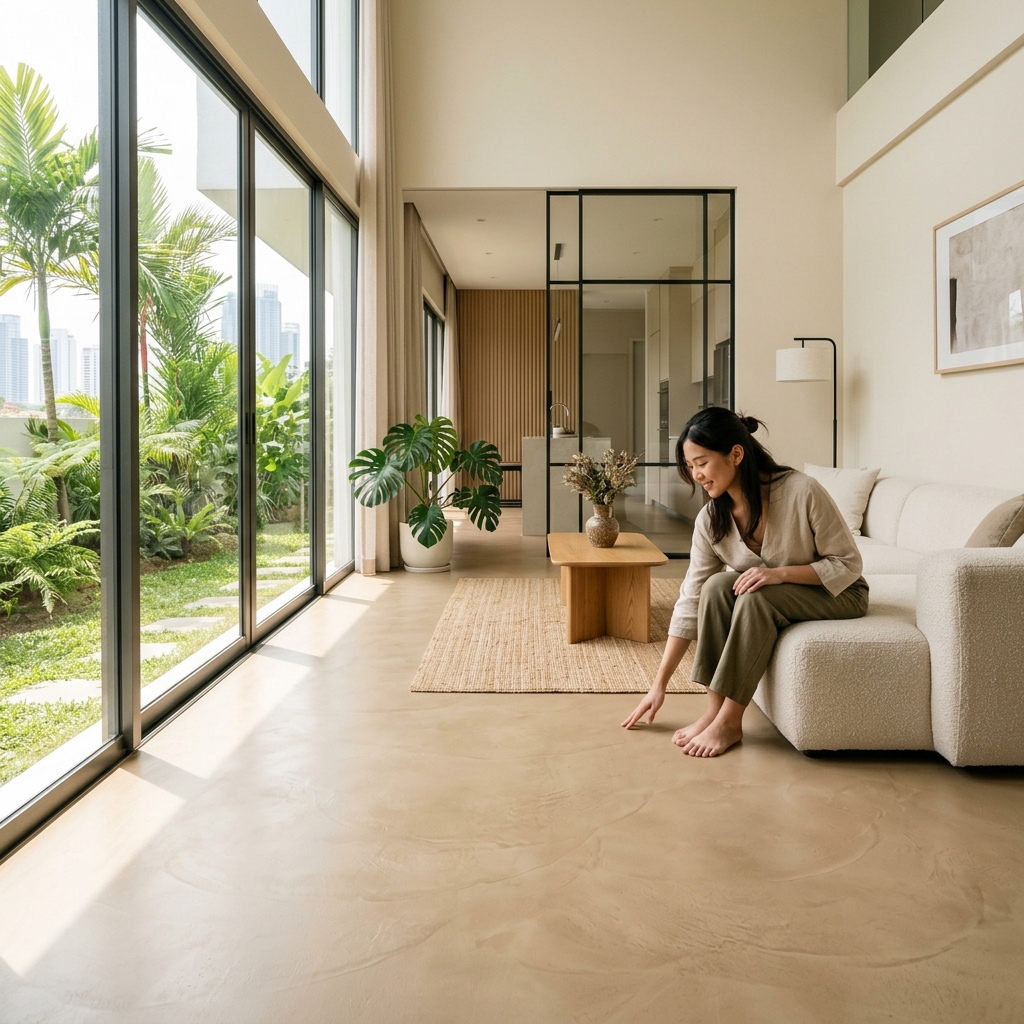 Asian woman admiring warm microcement living room