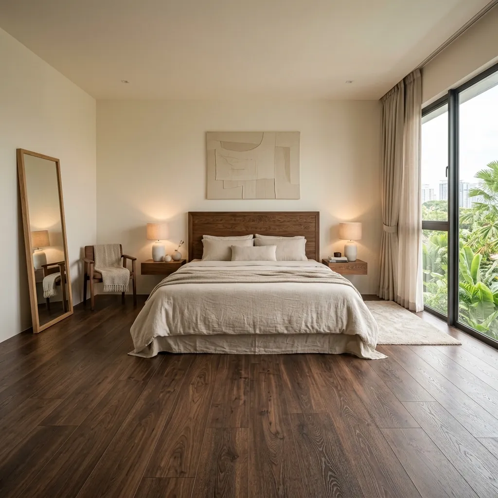 Cozy bedroom featuring dark walnut SPC flooring