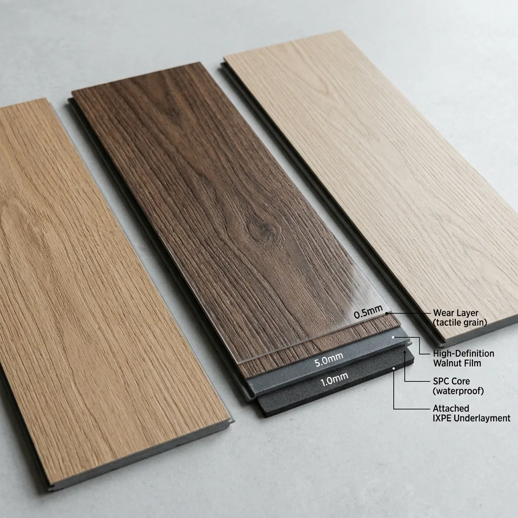 Premium SPC Flooring samples showcasing wood grains